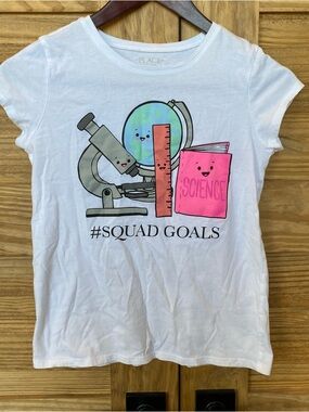 Place White Tee with Pink Science Book & Blue Globe Graphic Girls Large 10/12
